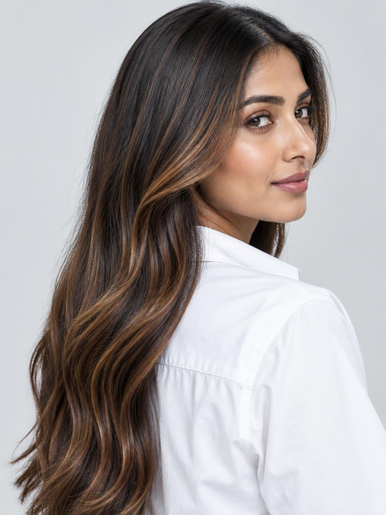 Glossy dark hair with subtle balayage highlights